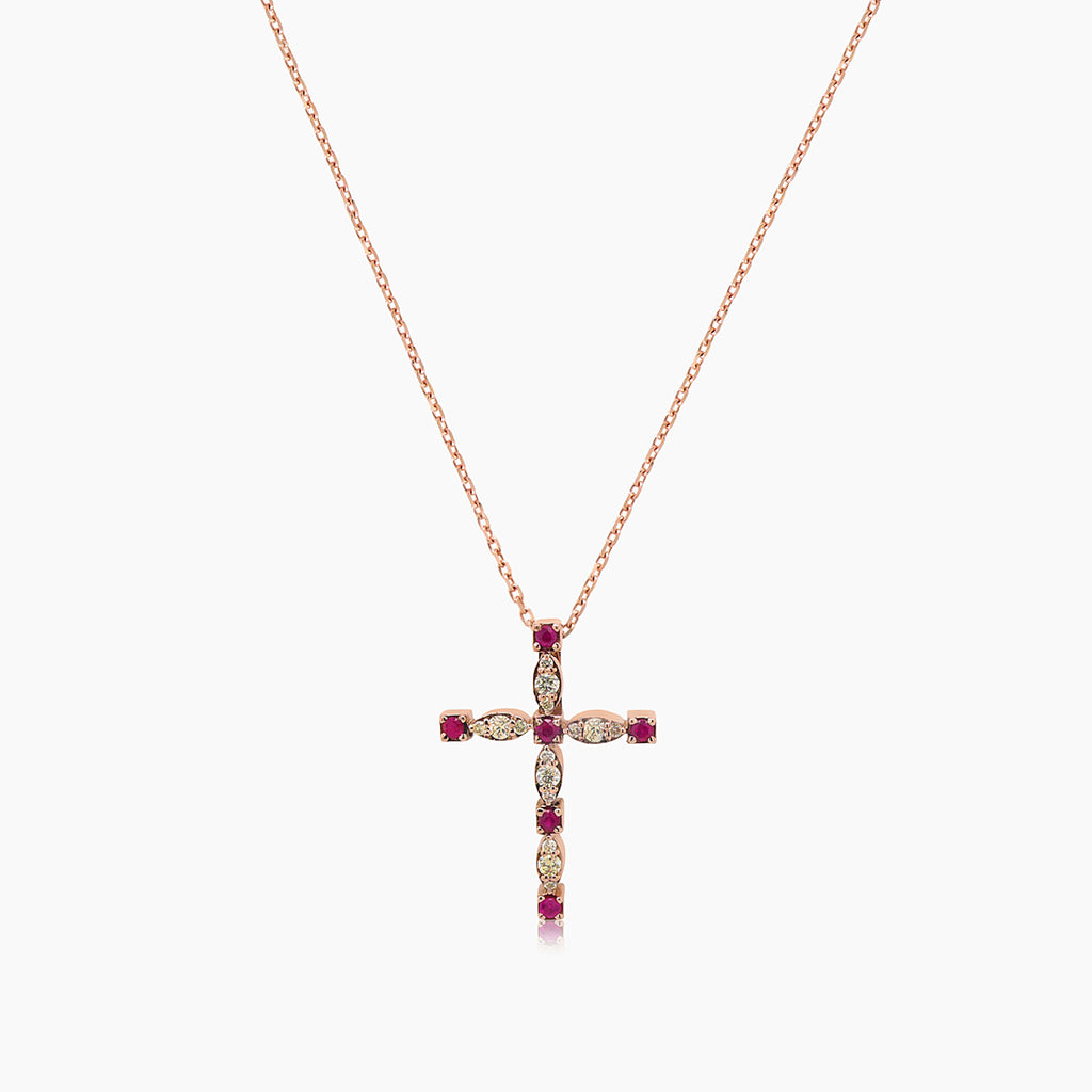 Ruby & Fancy Diamond 18K Rose Gold Cross Pendant Necklace