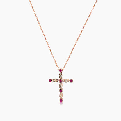 Ruby & Fancy Diamond 18K Rose Gold Cross Pendant Necklace