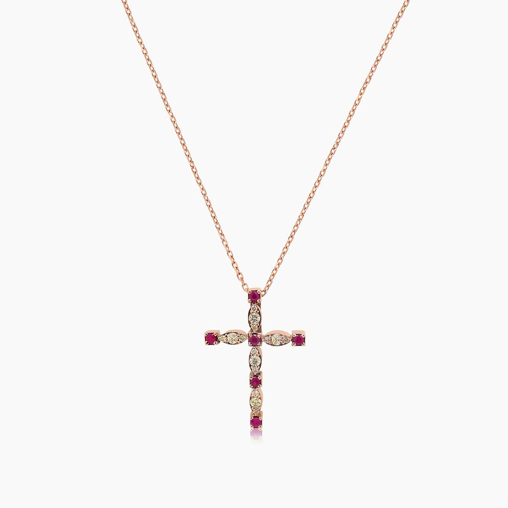 Ruby & Fancy Diamond 18K Rose Gold Cross Pendant Necklace