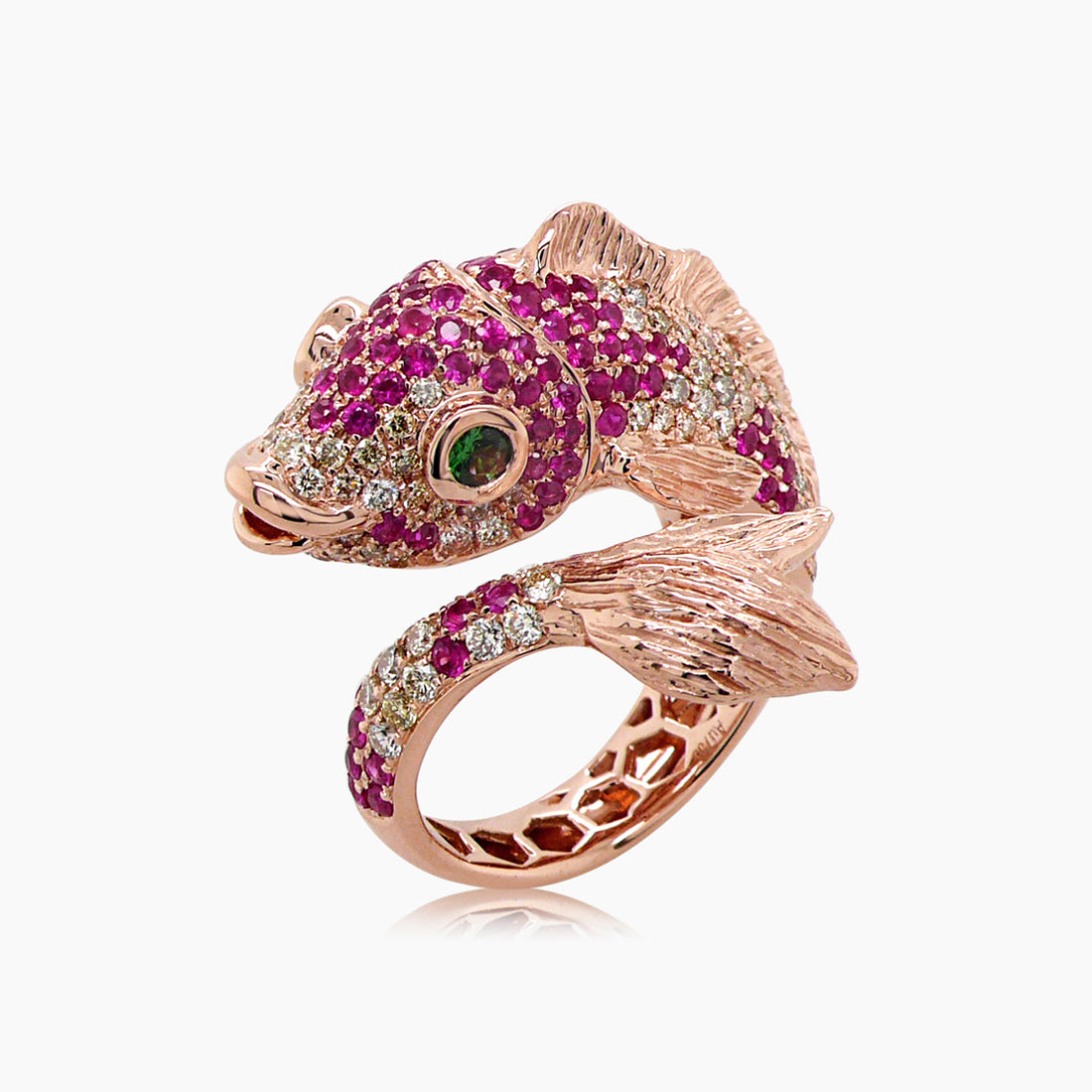 Sea Koi Fish Diamond Pave & Ruby 18K Rose Gold Animal Ring