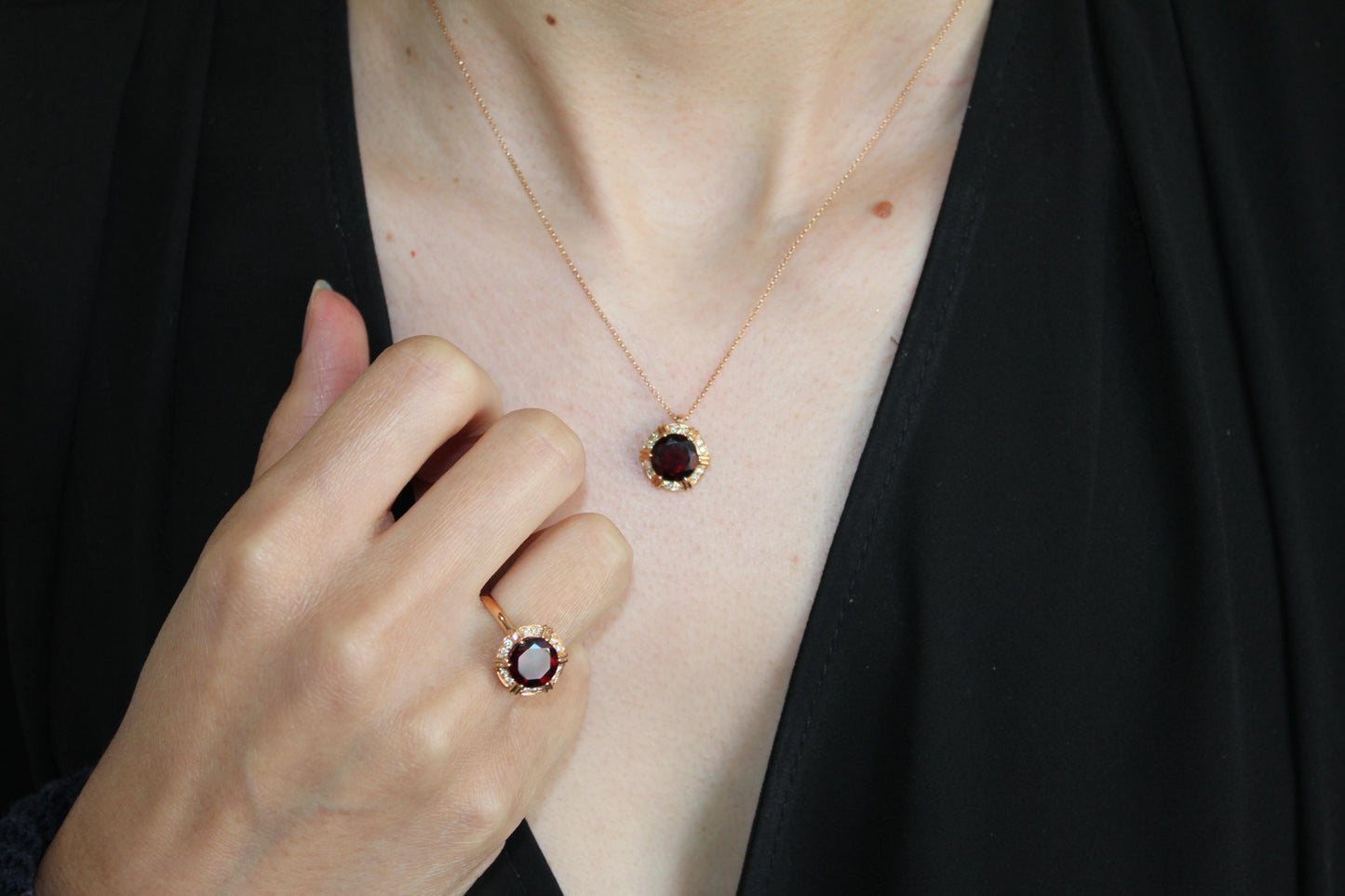 fancy round red garnet diamond halo 18 karat rose gold cocktail statement ring