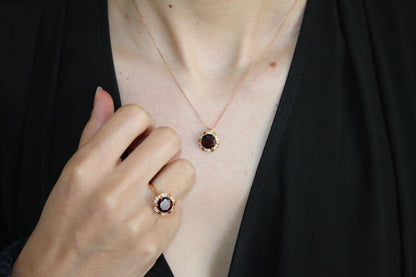 Fancy Round Red Garnet Diamond Halo 18 Karat Rose Gold Cocktail Statement Ring