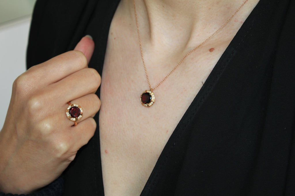 Fancy Round Red Garnet Diamond Halo 18 Karat Rose Gold Cocktail Statement Ring