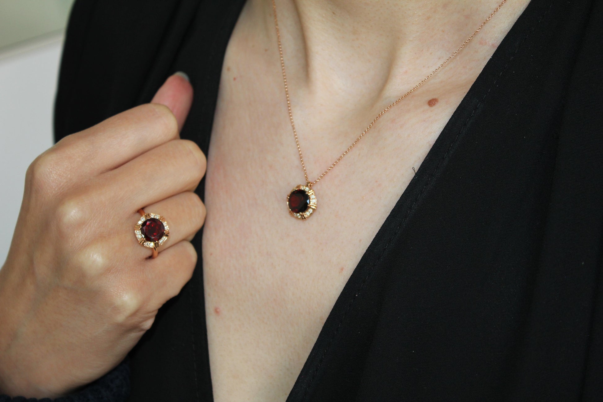 Fancy Round Red Garnet Diamond Halo 18 Karat Rose Gold Cocktail Statement Ring