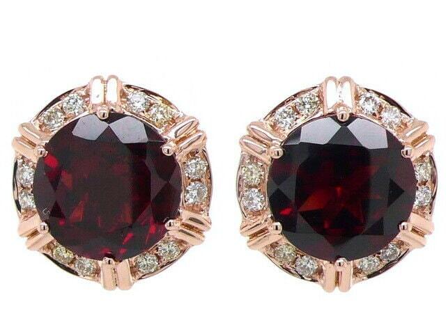Fancy Round Red Garnet Diamond Halo 18 Karat Rose Gold Stud Statement Earrings