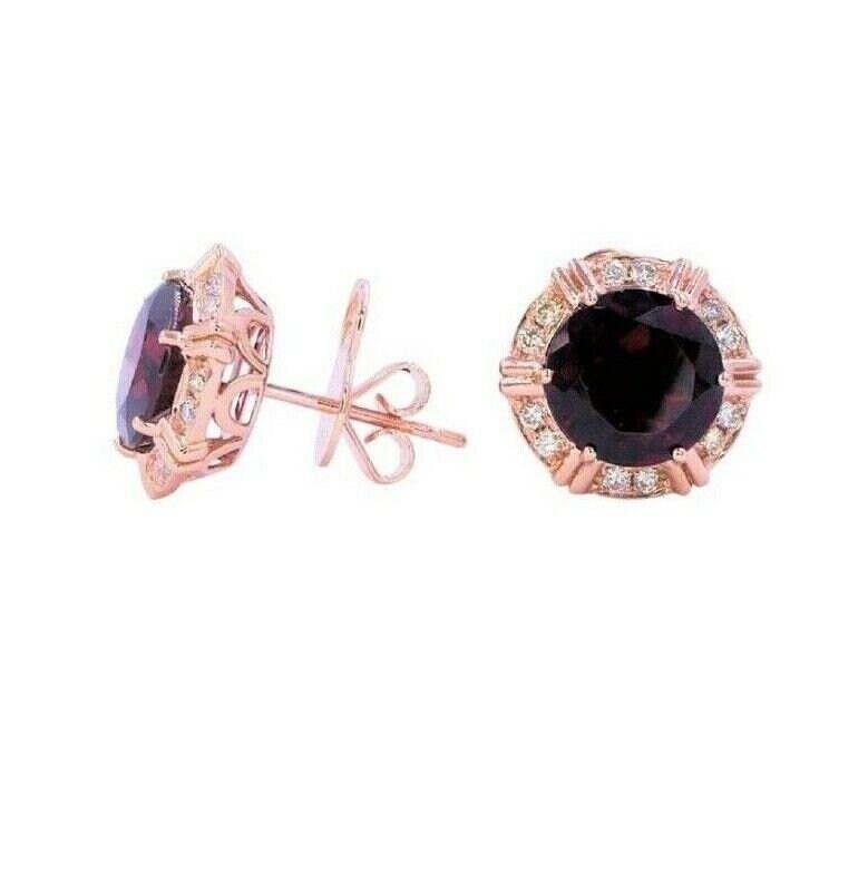 Fancy Round Red Garnet Diamond Halo 18 Karat Rose Gold Stud Statement Earrings