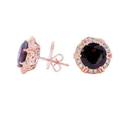 Fancy Round Red Garnet Diamond Halo 18 Karat Rose Gold Stud Statement Earrings