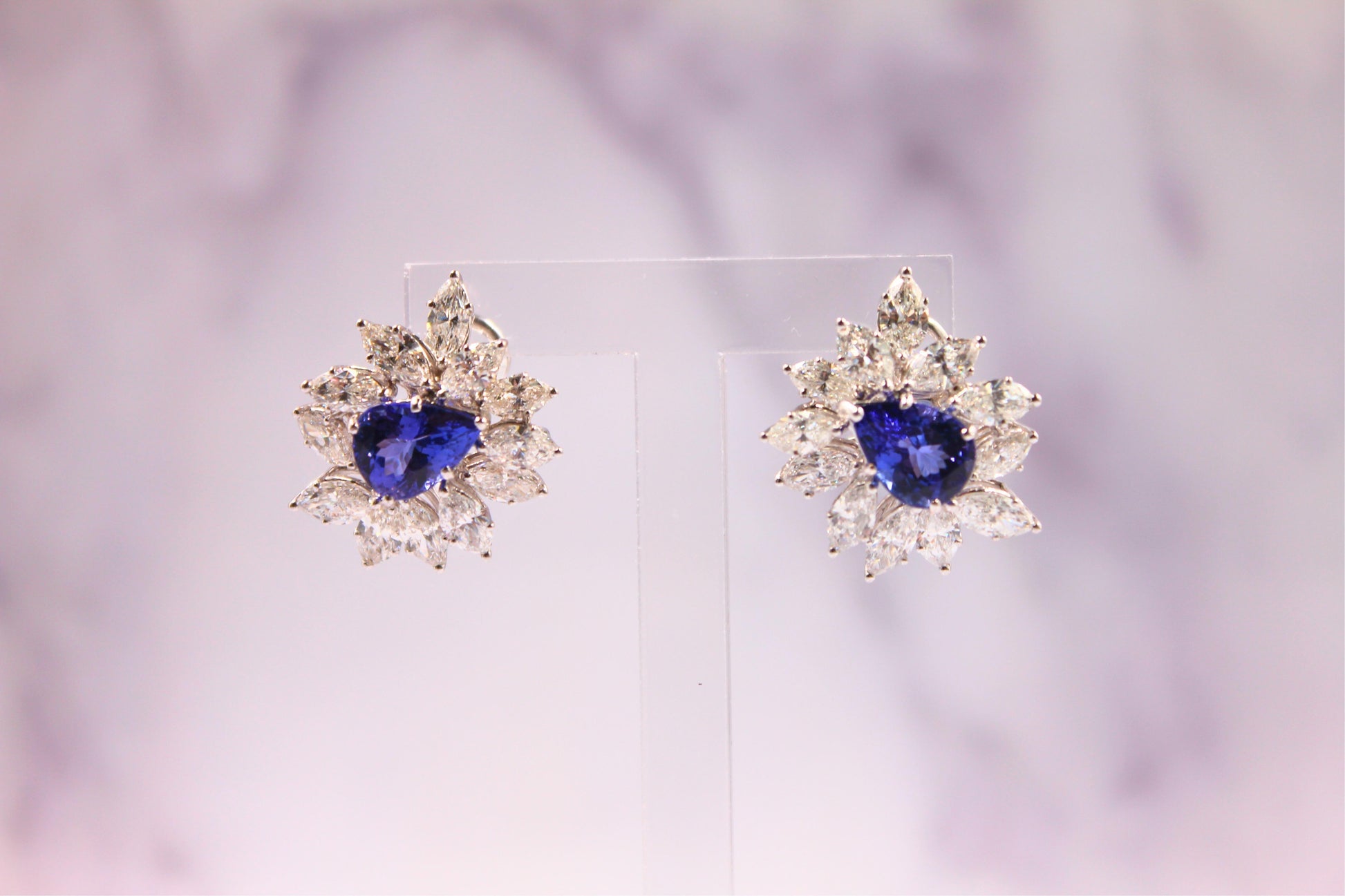 Fancy Tanzanite Pear Cut Drop Marquise Cluster Diamond 18k White Gold Earrings