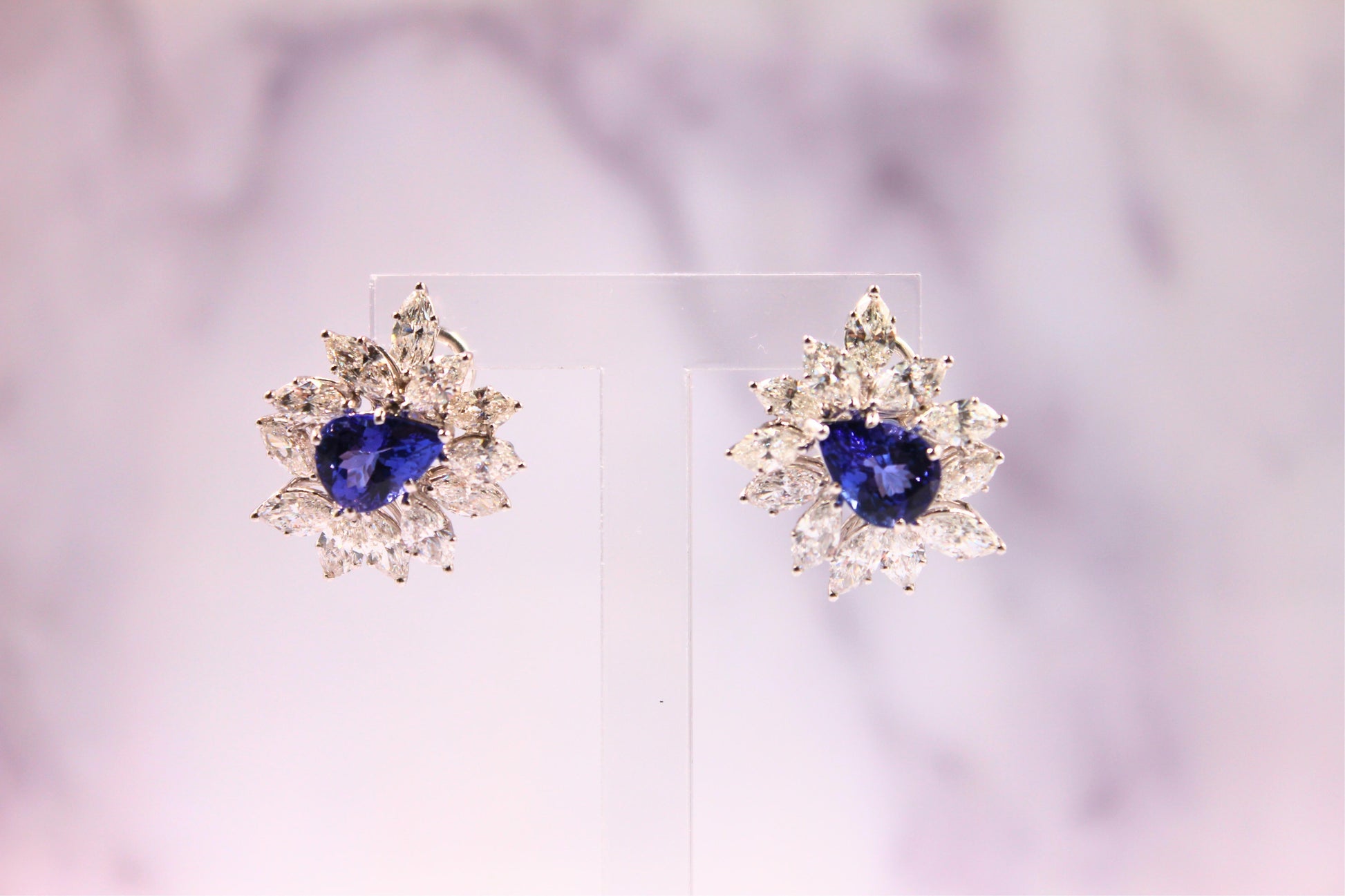 Fancy Tanzanite Pear Cut Drop Marquise Cluster Diamond 18k White Gold Earrings