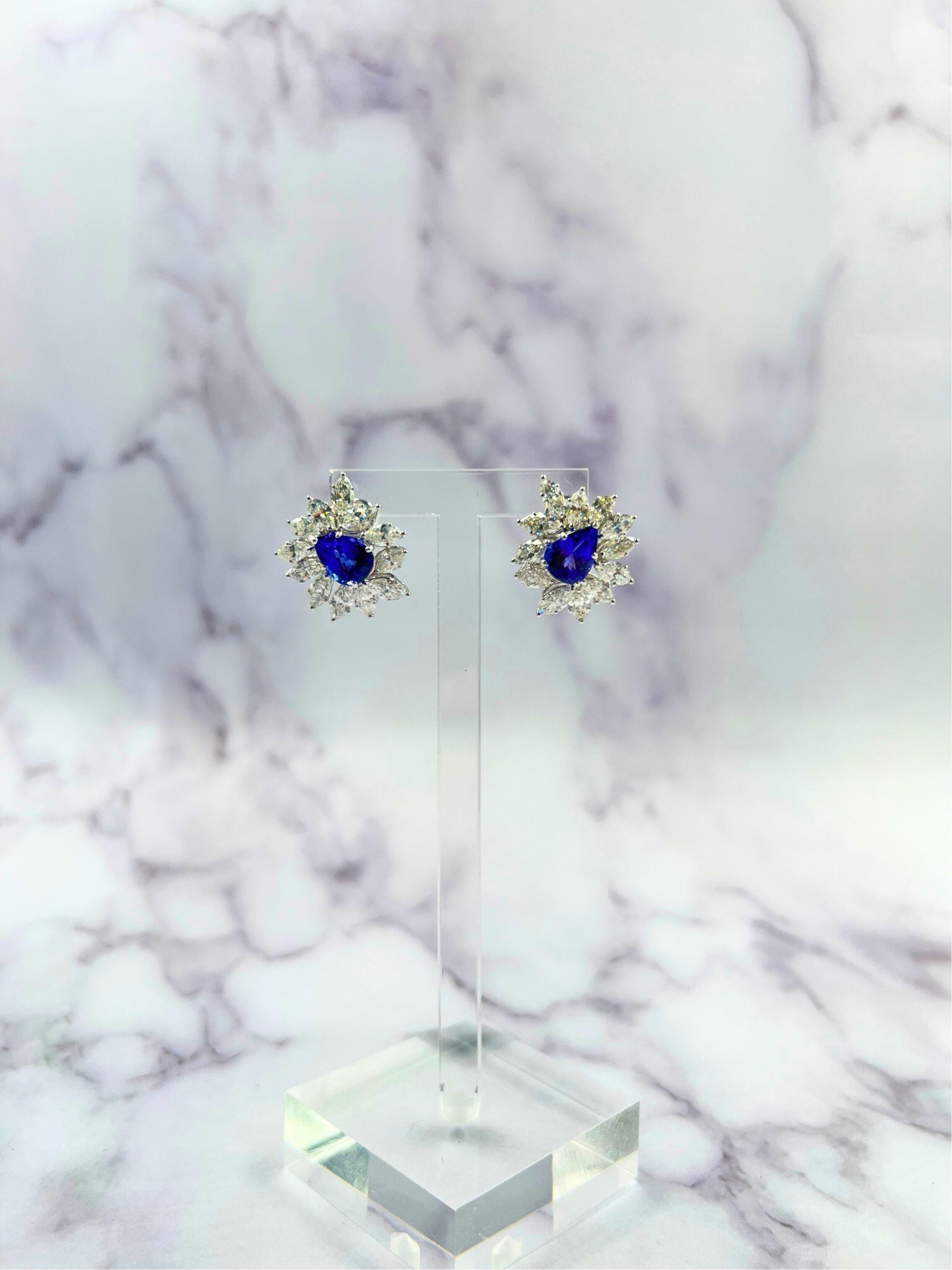 Fancy Tanzanite Pear Cut Drop Marquise Cluster Diamond 18k White Gold Earrings