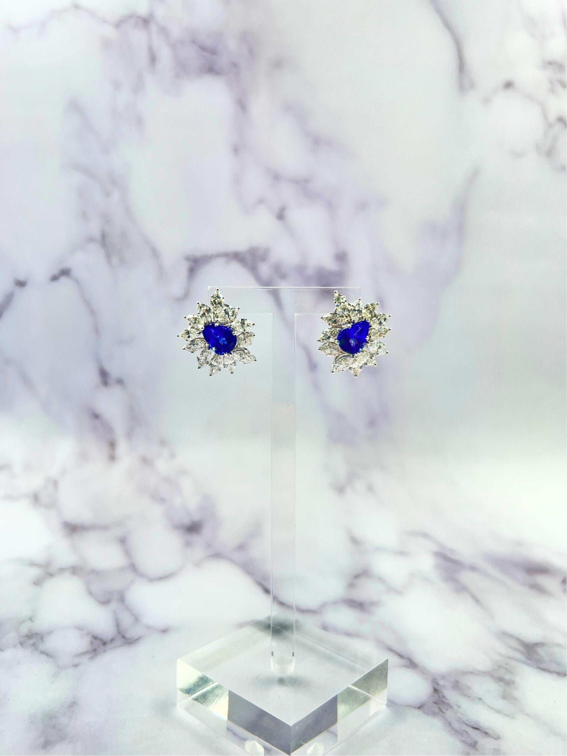 Fancy Tanzanite Pear Cut Drop Marquise Cluster Diamond 18k White Gold Earrings