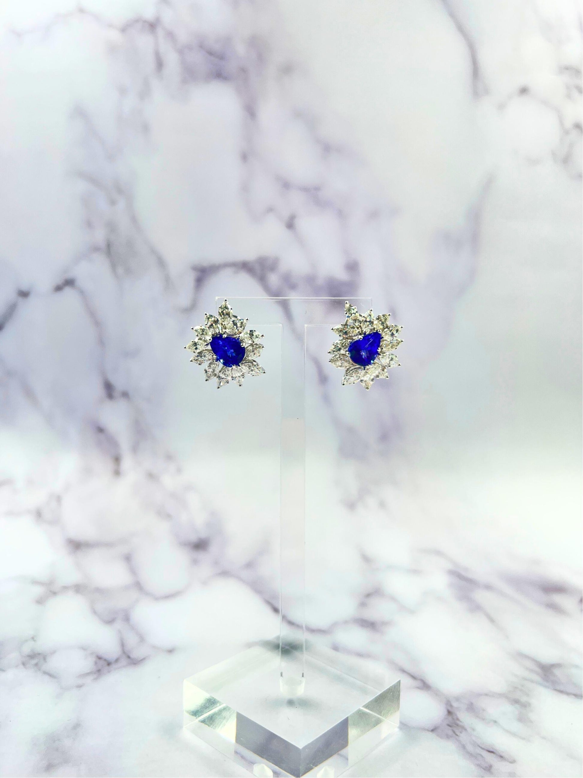 Fancy Tanzanite Pear Cut Drop Marquise Cluster Diamond 18k White Gold Earrings