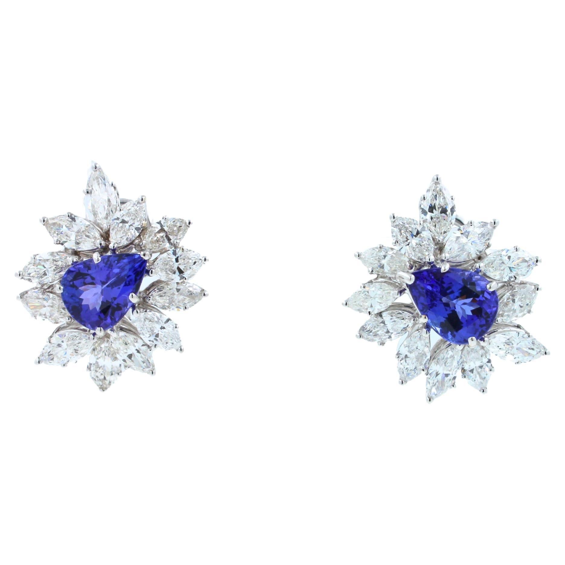 Fancy Tanzanite Pear Cut Drop Marquise Cluster Diamond 18k White Gold Earrings