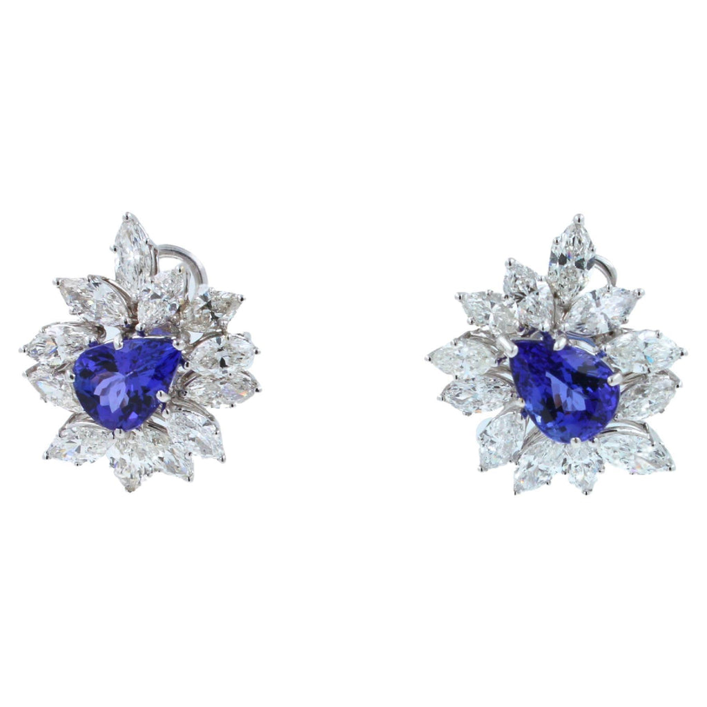 Fancy Tanzanite Pear Cut Drop Marquise Cluster Diamond 18k White Gold Earrings