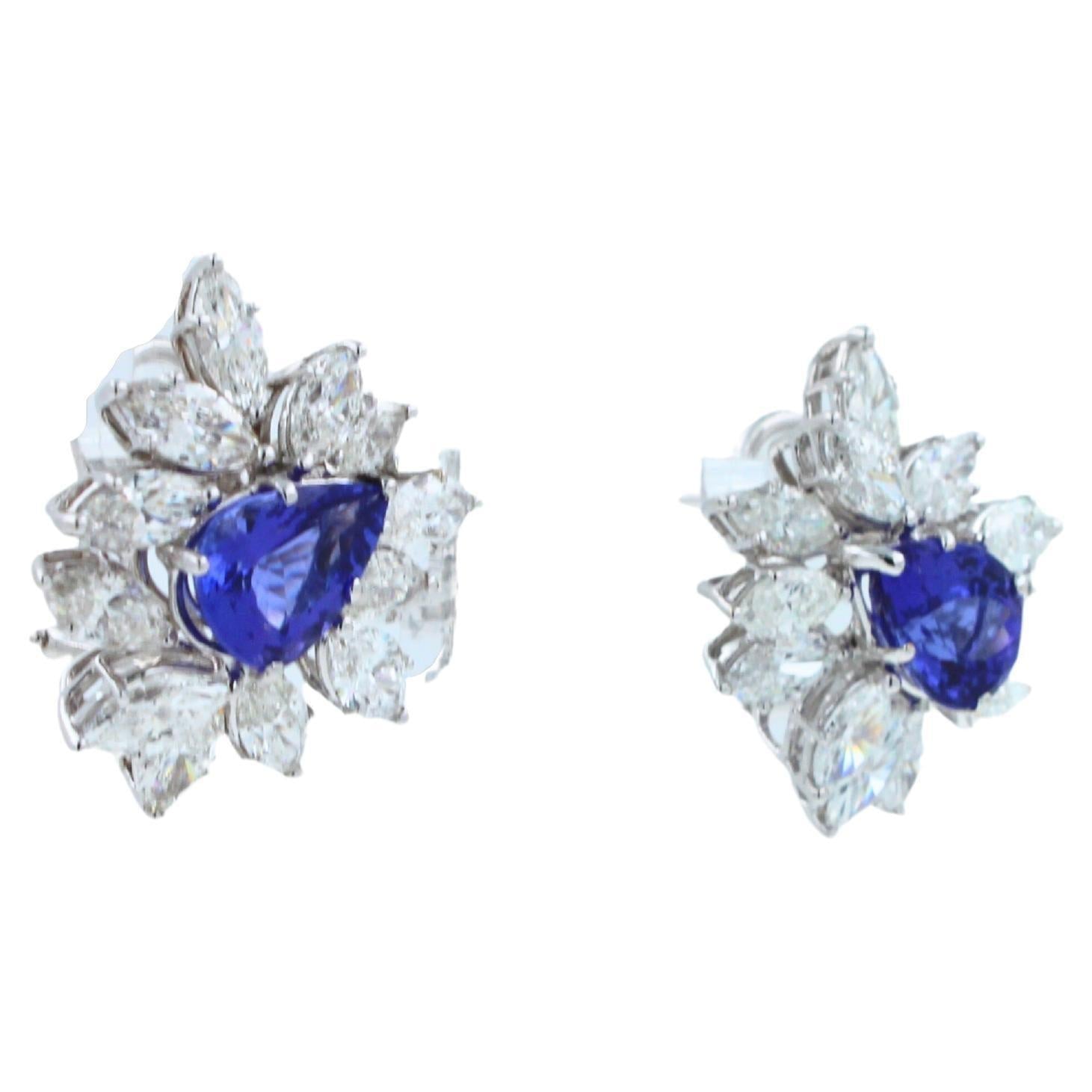 Fancy Tanzanite Pear Cut Drop Marquise Cluster Diamond 18k White Gold Earrings