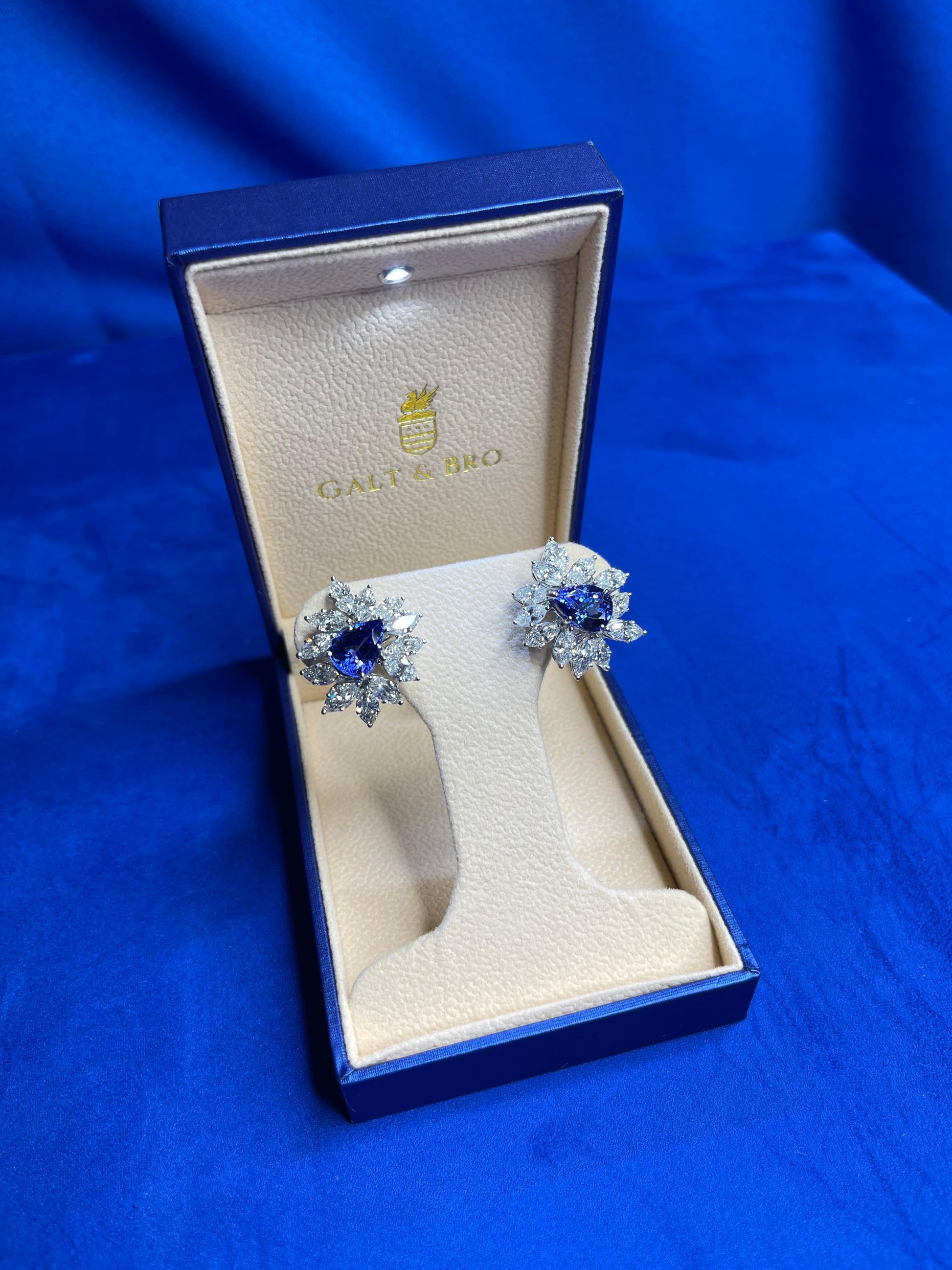 Fancy Tanzanite Pear Cut Drop Marquise Cluster Diamond 18k White Gold Earrings