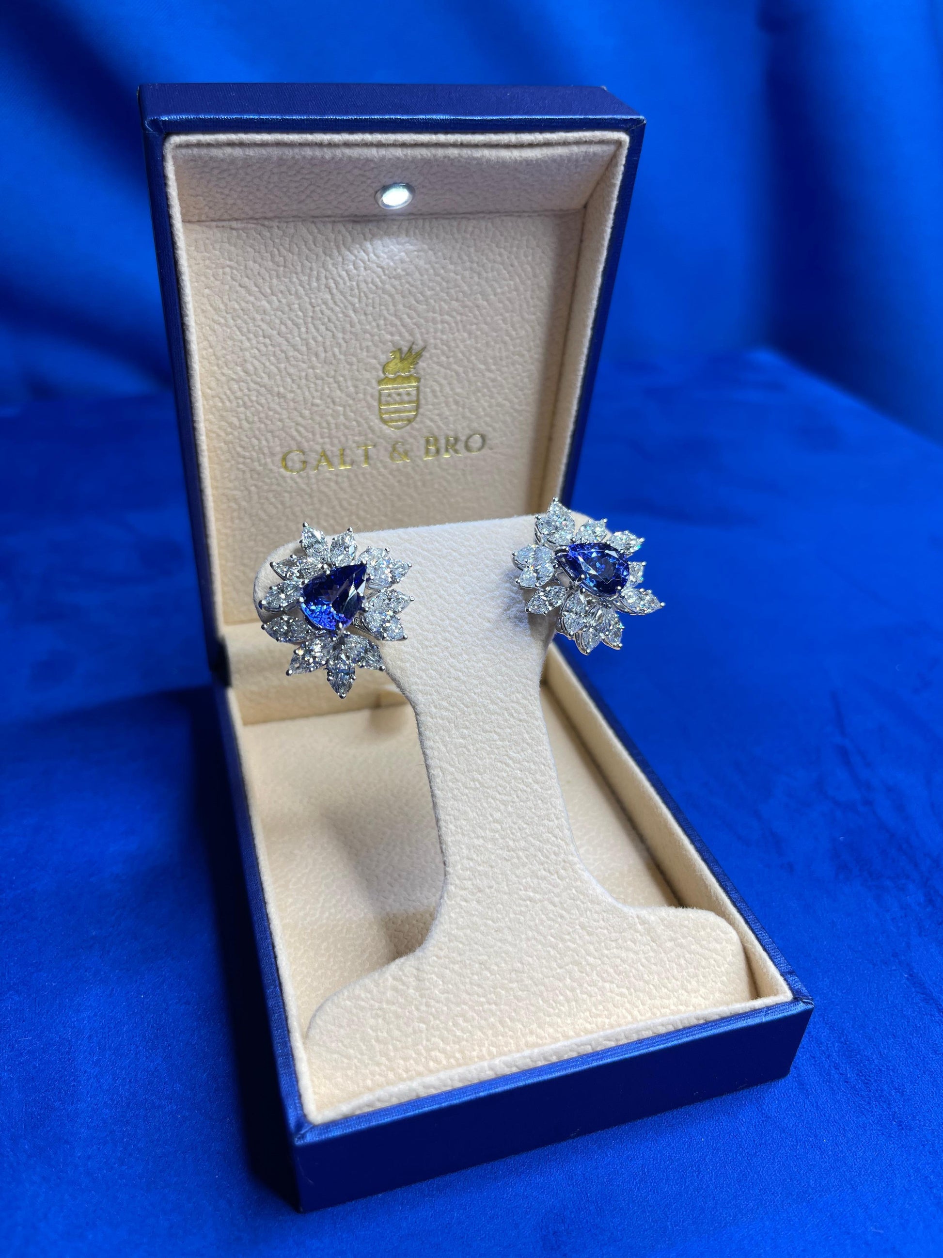 Fancy Tanzanite Pear Cut Drop Marquise Cluster Diamond 18k White Gold Earrings