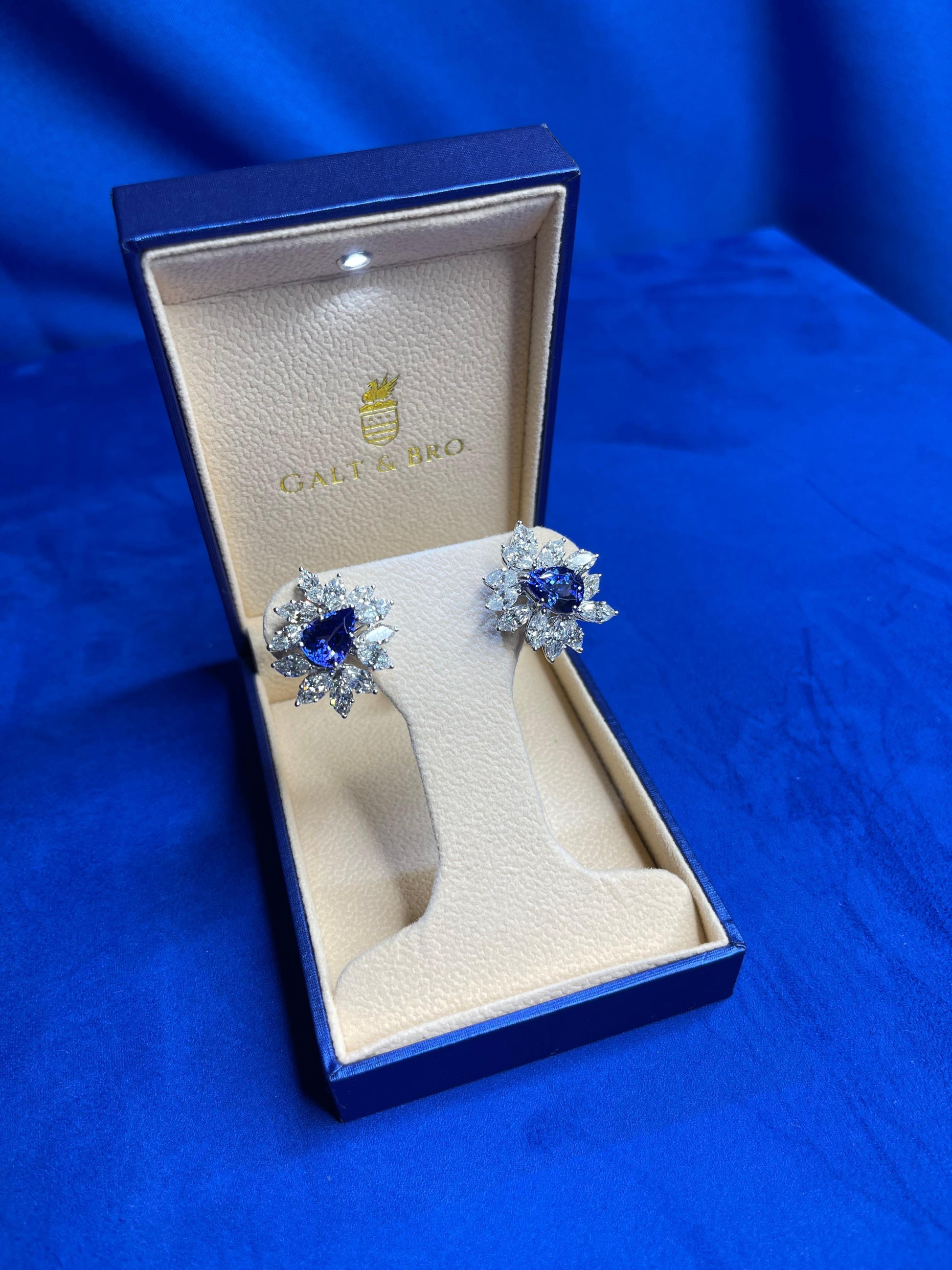 Fancy Tanzanite Pear Cut Drop Marquise Cluster Diamond 18k White Gold Earrings