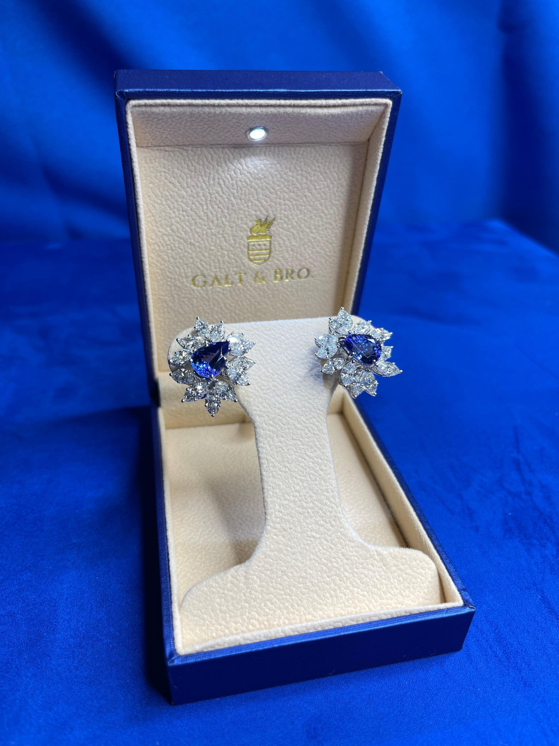 Fancy Tanzanite Pear Cut Drop Marquise Cluster Diamond 18k White Gold Earrings