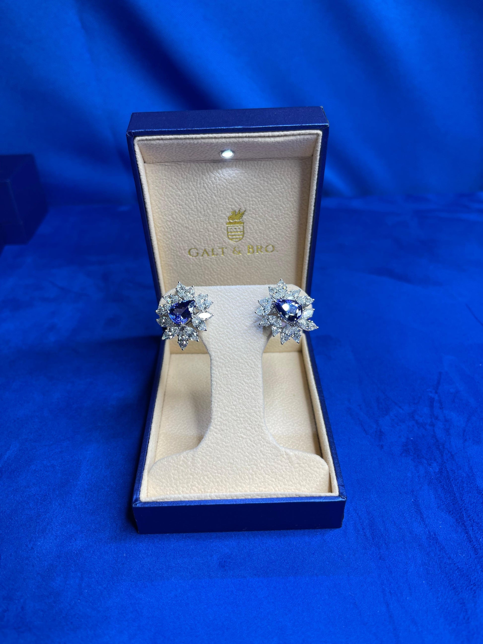 Fancy Tanzanite Pear Cut Drop Marquise Cluster Diamond 18k White Gold Earrings