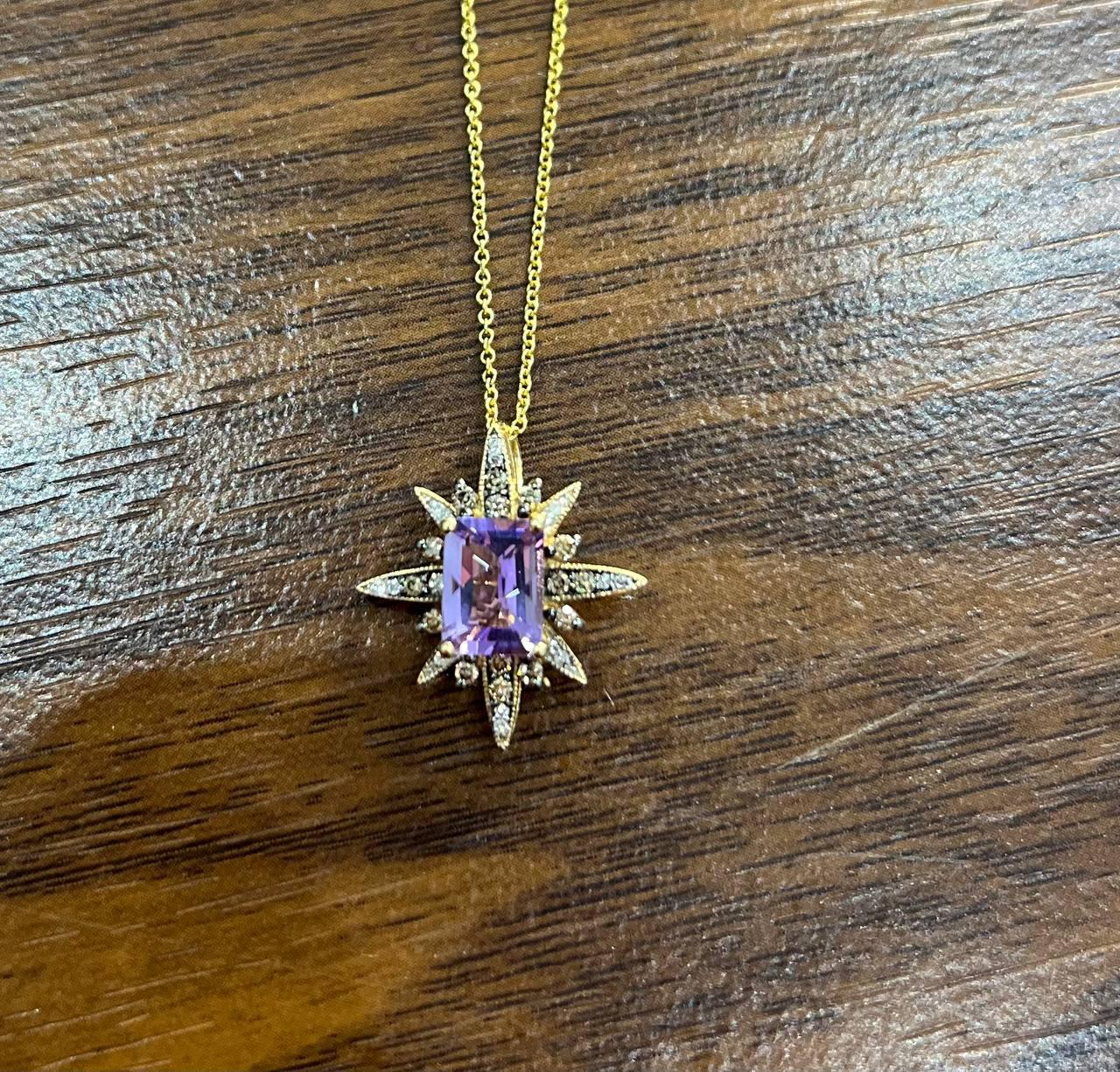 Purple Violet Amethyst Starburst Compass Diamonds Yellow Gold Pendant Necklace