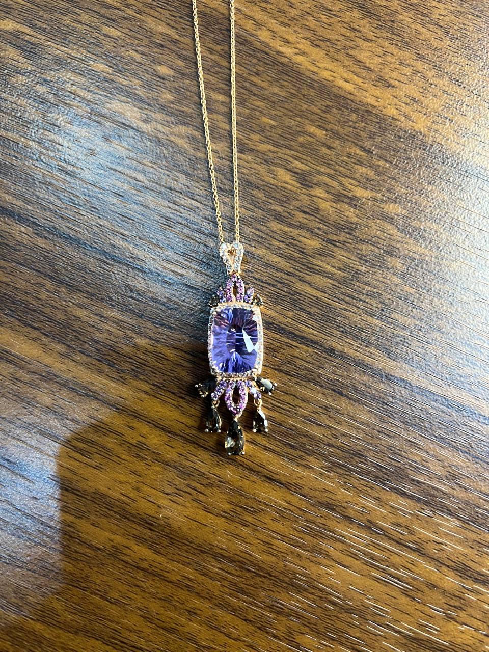Cushion Purple Amethyst Pink Sapphire Diamonds Halo Rose Gold Pendant Necklace