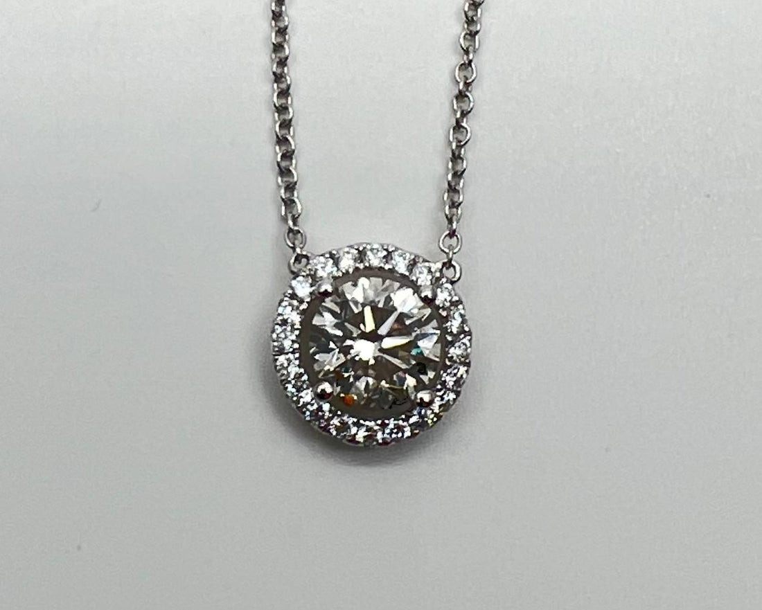 White Brilliant Round Diamond Solitaire Halo Set 18K White Gold Pendant Necklace