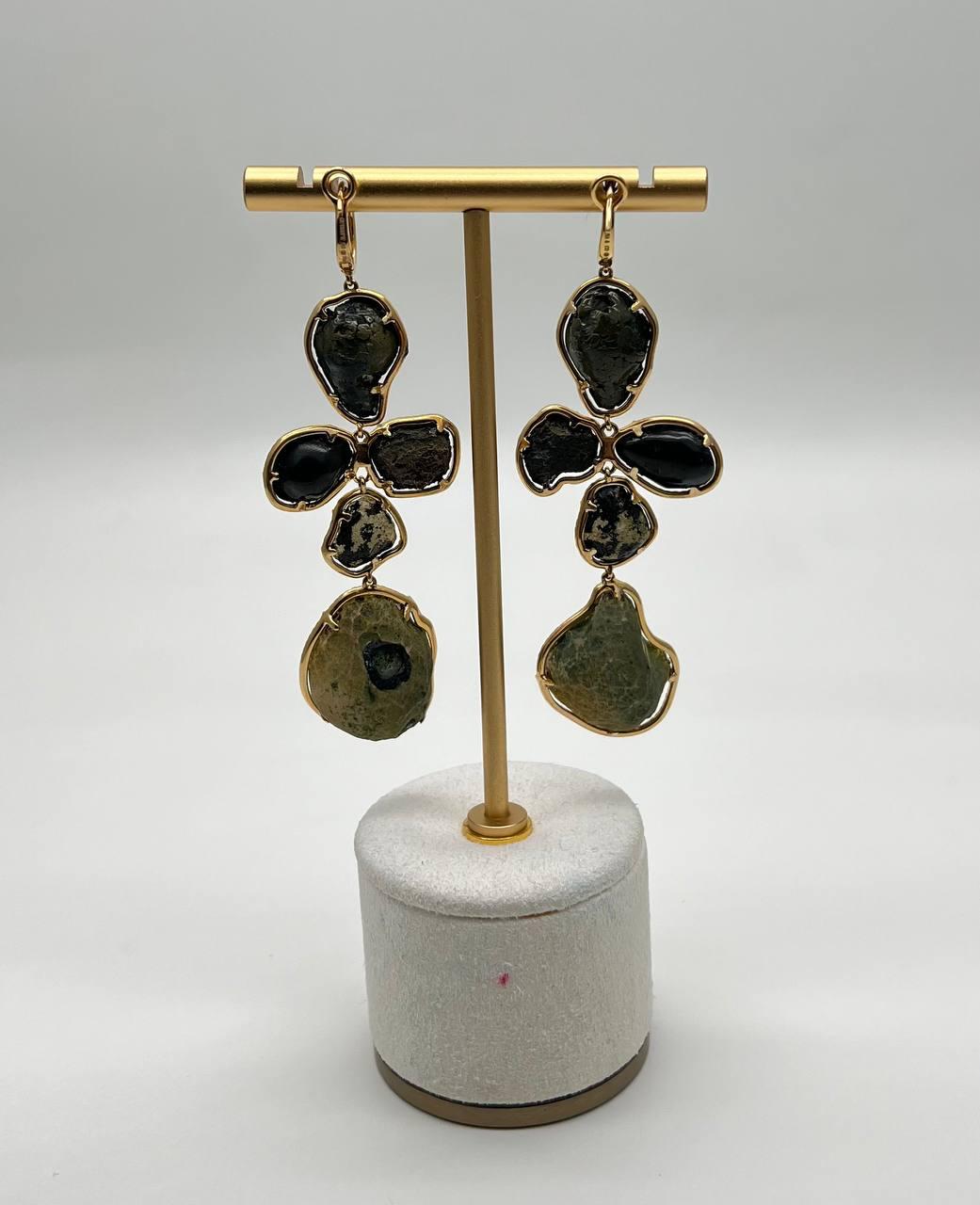 Free Shape Brown Grey Druzy Quartz Crystal Diamonds 18K Yellow Gold Earrings