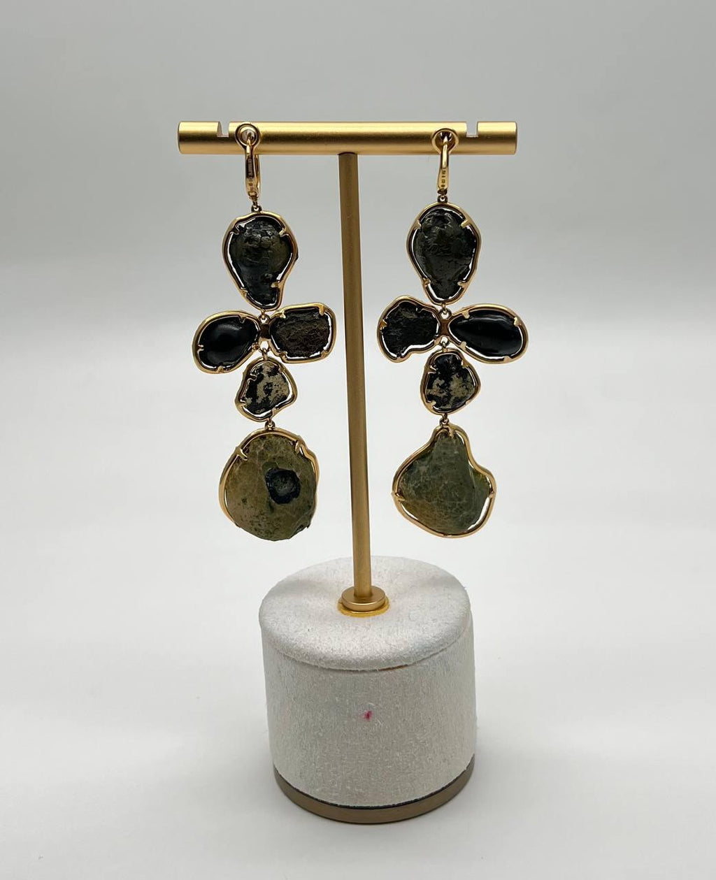 Free Shape Brown Grey Druzy Quartz Crystal Diamonds 18K Yellow Gold Earrings