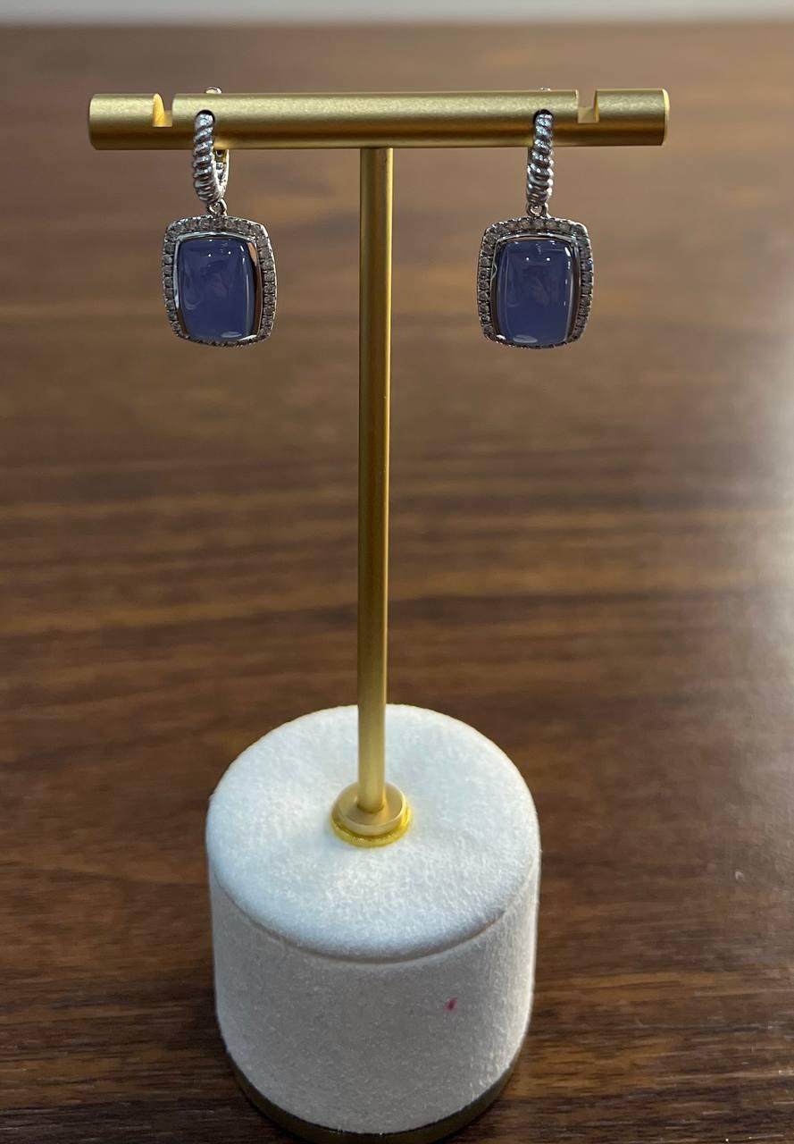 Blue Violet Chalcedony Diamond Halo 14K White Gold Statement Huggie Earrings