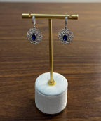 Blue Sapphire White Diamonds Symbol 14K White Gold Statement Scroll Earrings