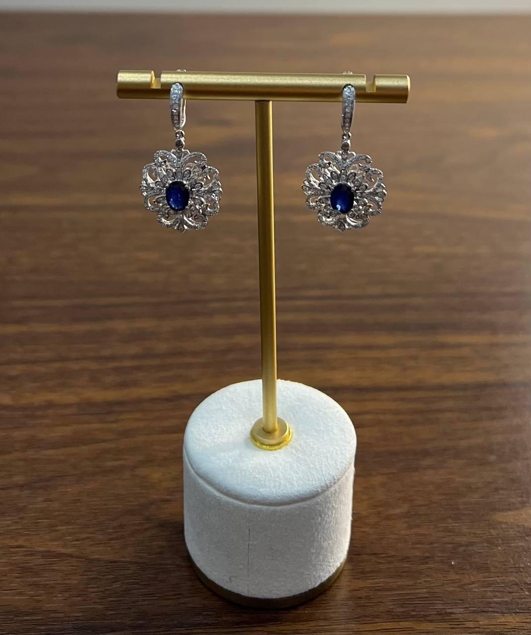 Blue Sapphire White Diamonds Symbol 14K White Gold Statement Scroll Earrings