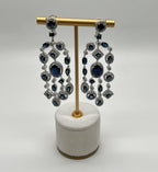 Blue Sapphire Fancy Shape White Diamond 18K White Gold Drop Statement Earrings