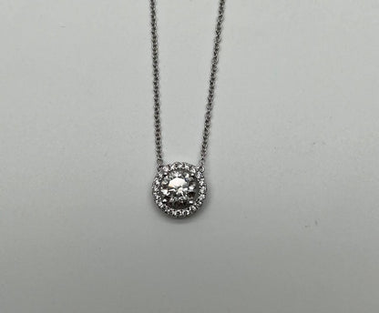 White Brilliant Round Diamond Solitaire Halo Set 18K White Gold Pendant Necklace