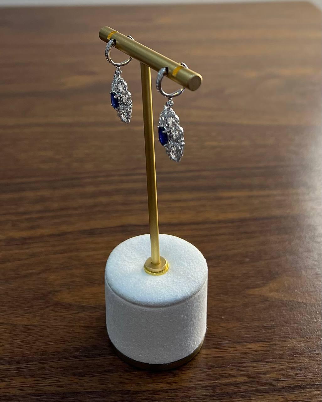Blue Sapphire White Diamonds Symbol 14K White Gold Statement Scroll Earrings