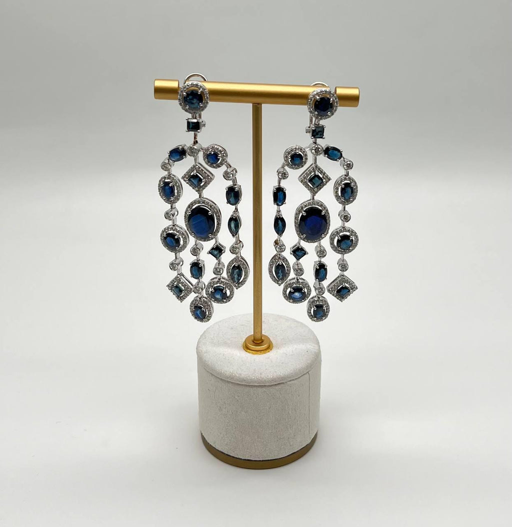 Blue Sapphire Fancy Shape White Diamond 18K White Gold Drop Statement Earrings