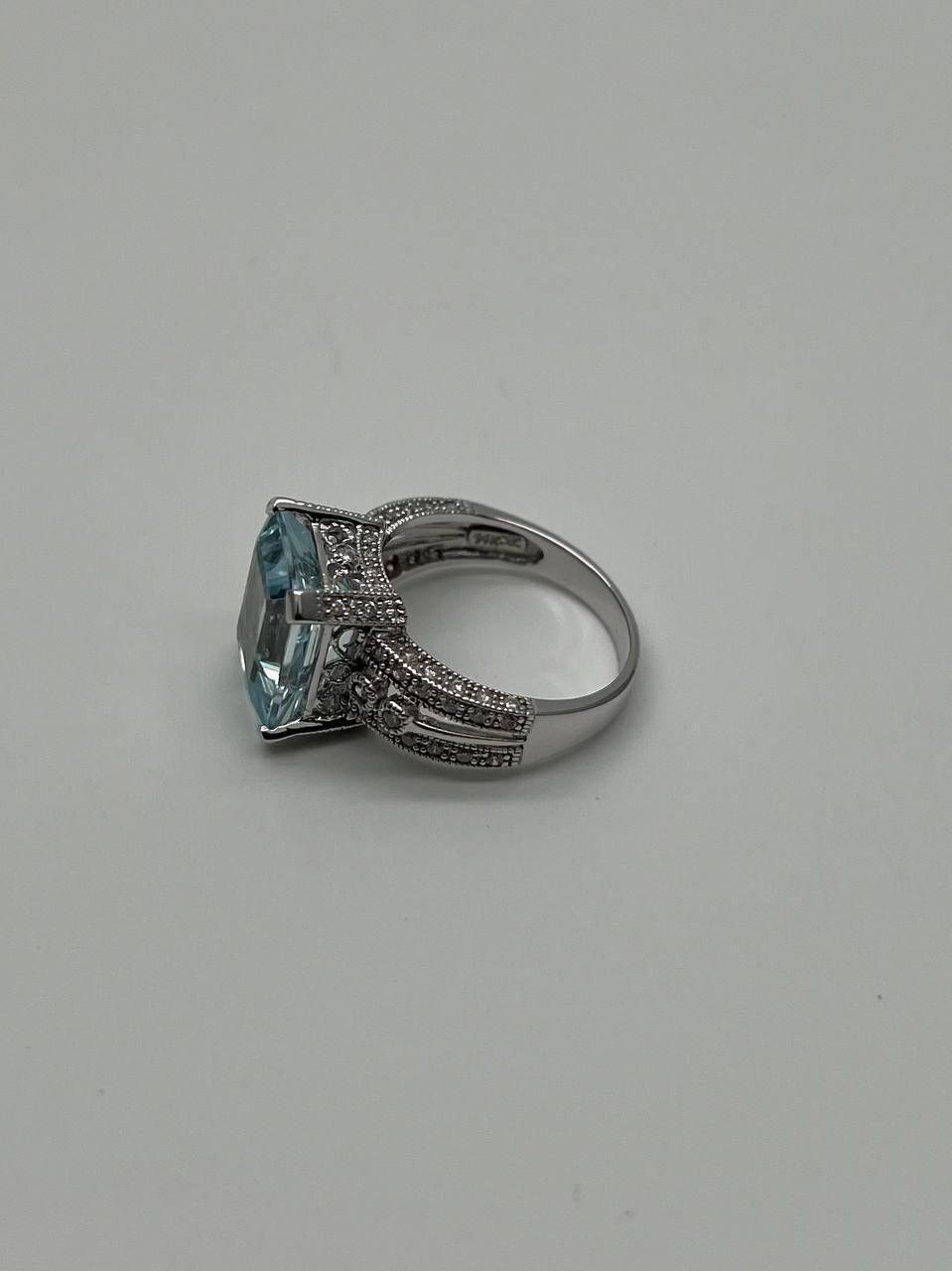 Rectangular Step Cut Blue Topaz White Diamonds 14K White Gold Statement Ring