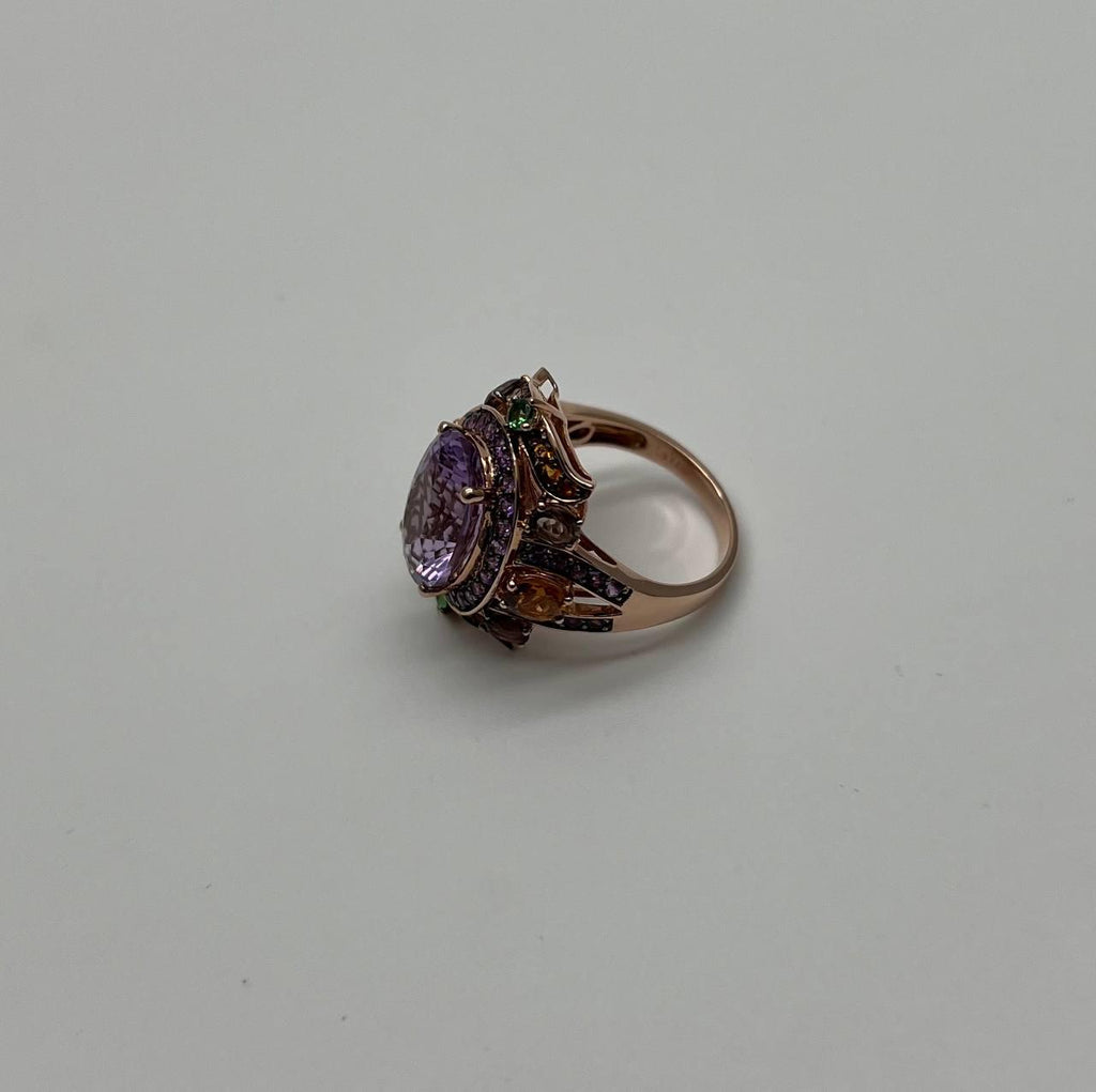 Purple Amethyst Rainbow Color Gemstone Diamonds 14K Gold Statement Cocktail Ring