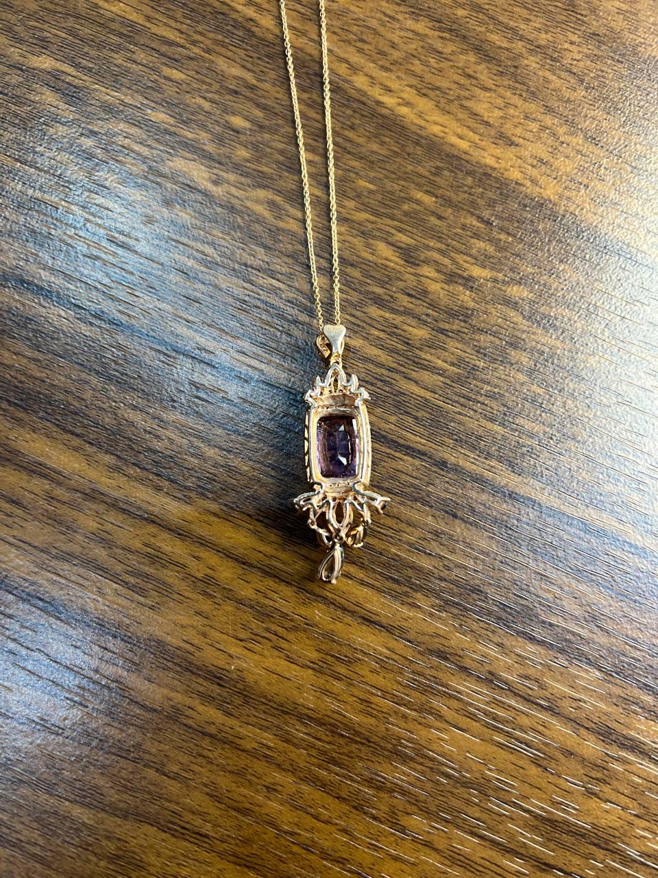 Cushion Purple Amethyst Pink Sapphire Diamonds Halo Rose Gold Pendant Necklace