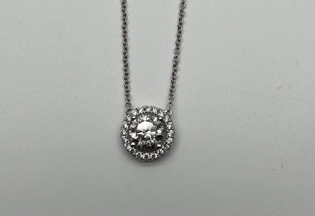 white brilliant round diamond solitaire halo set 18k white gold pendant necklace