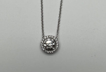 White Brilliant Round Diamond Solitaire Halo Set 18K White Gold Pendant Necklace