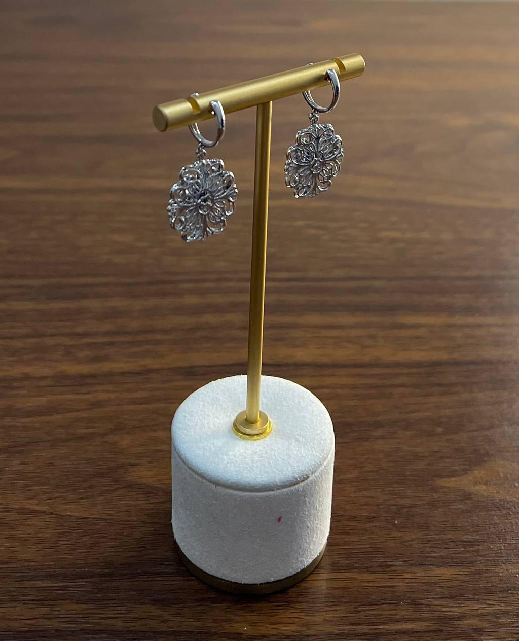 Blue Sapphire White Diamonds Symbol 14K White Gold Statement Scroll Earrings