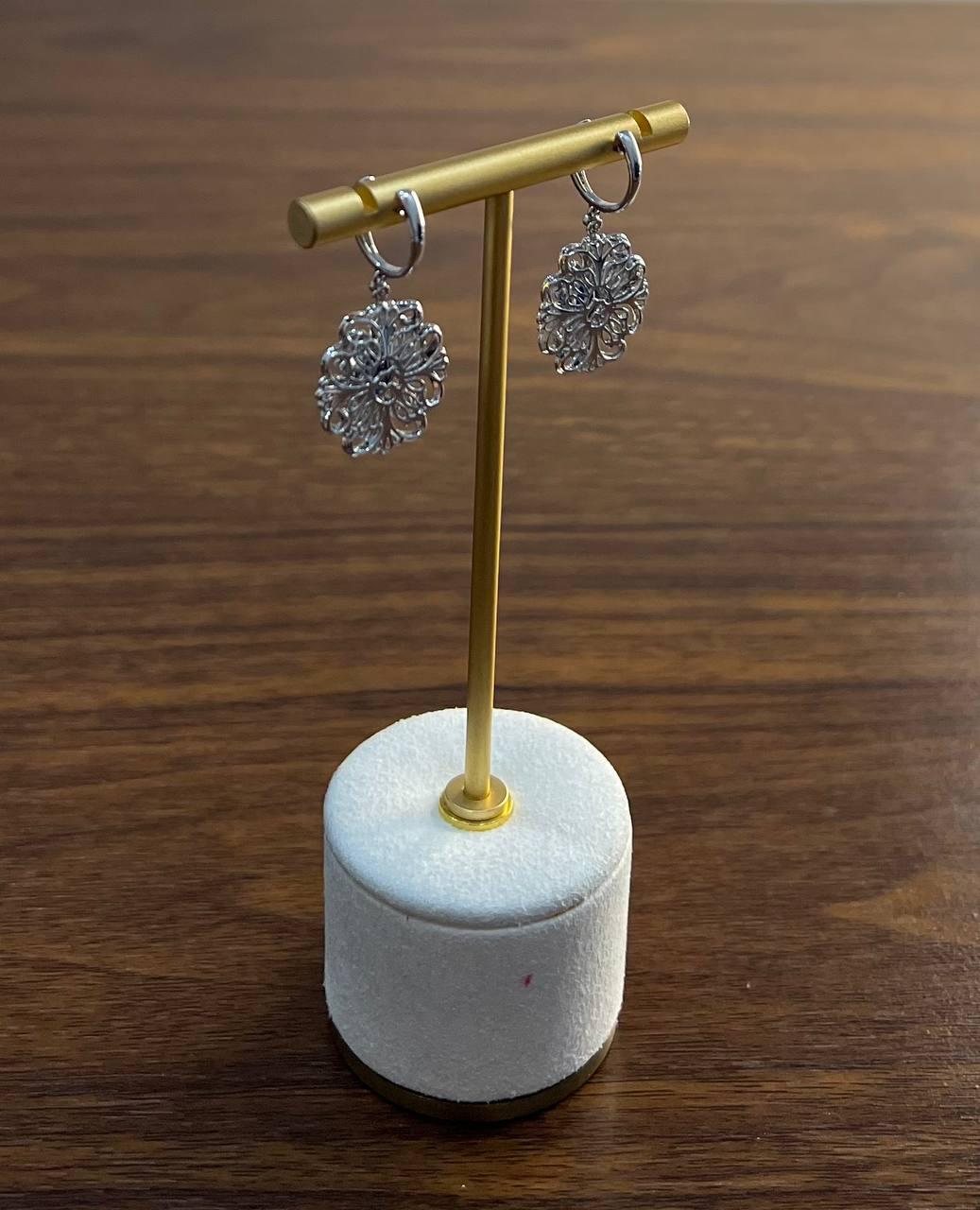 Blue Sapphire White Diamonds Symbol 14K White Gold Statement Scroll Earrings