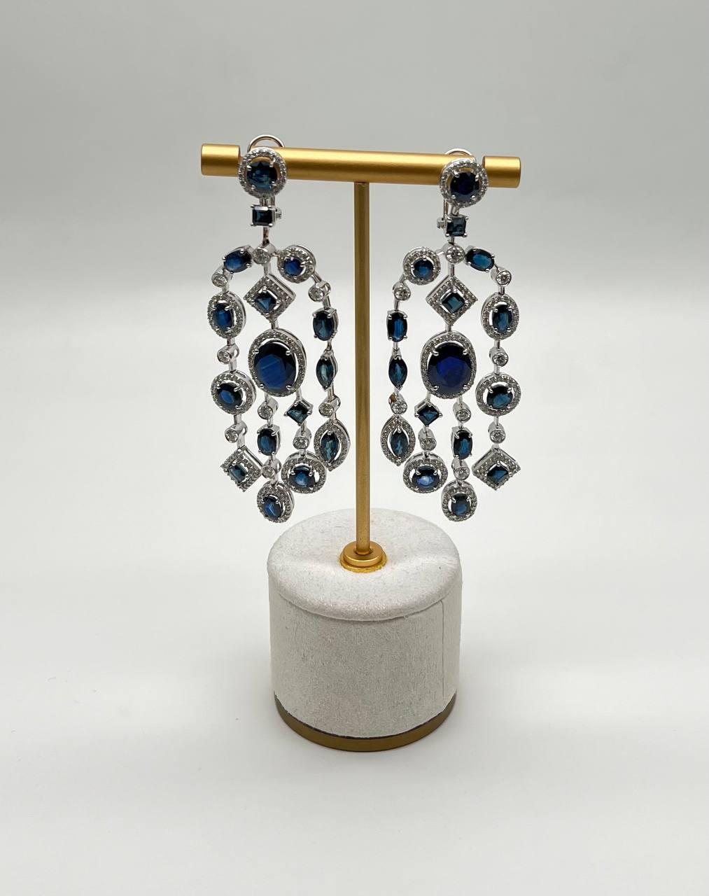 Blue Sapphire Fancy Shape White Diamond 18K White Gold Drop Statement Earrings