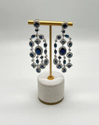 Blue Sapphire Fancy Shape White Diamond 18K White Gold Drop Statement Earrings