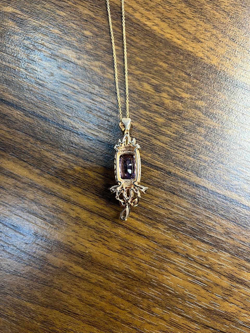 Cushion Purple Amethyst Pink Sapphire Diamonds Halo Rose Gold Pendant Necklace