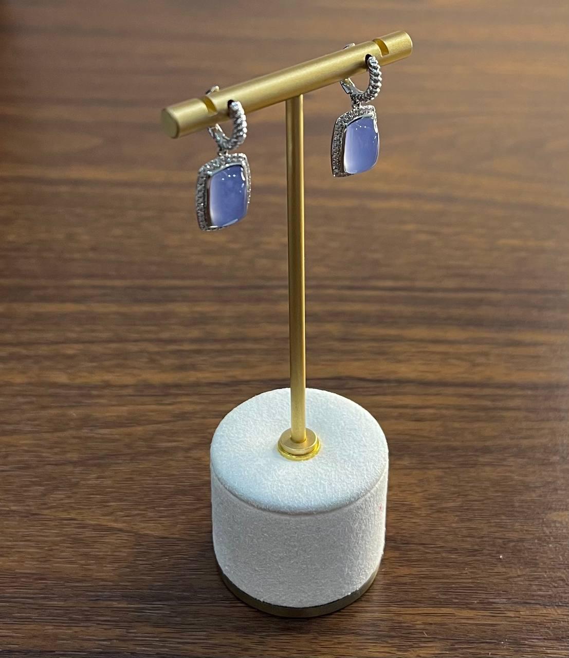 Blue Violet Chalcedony Diamond Halo 14K White Gold Statement Huggie Earrings