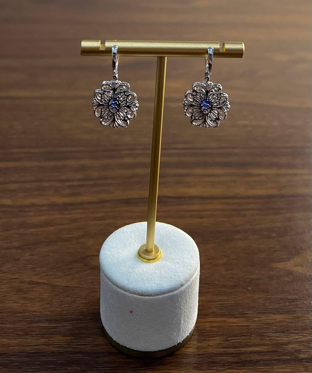 Blue Sapphire White Diamonds Symbol 14K White Gold Statement Scroll Earrings