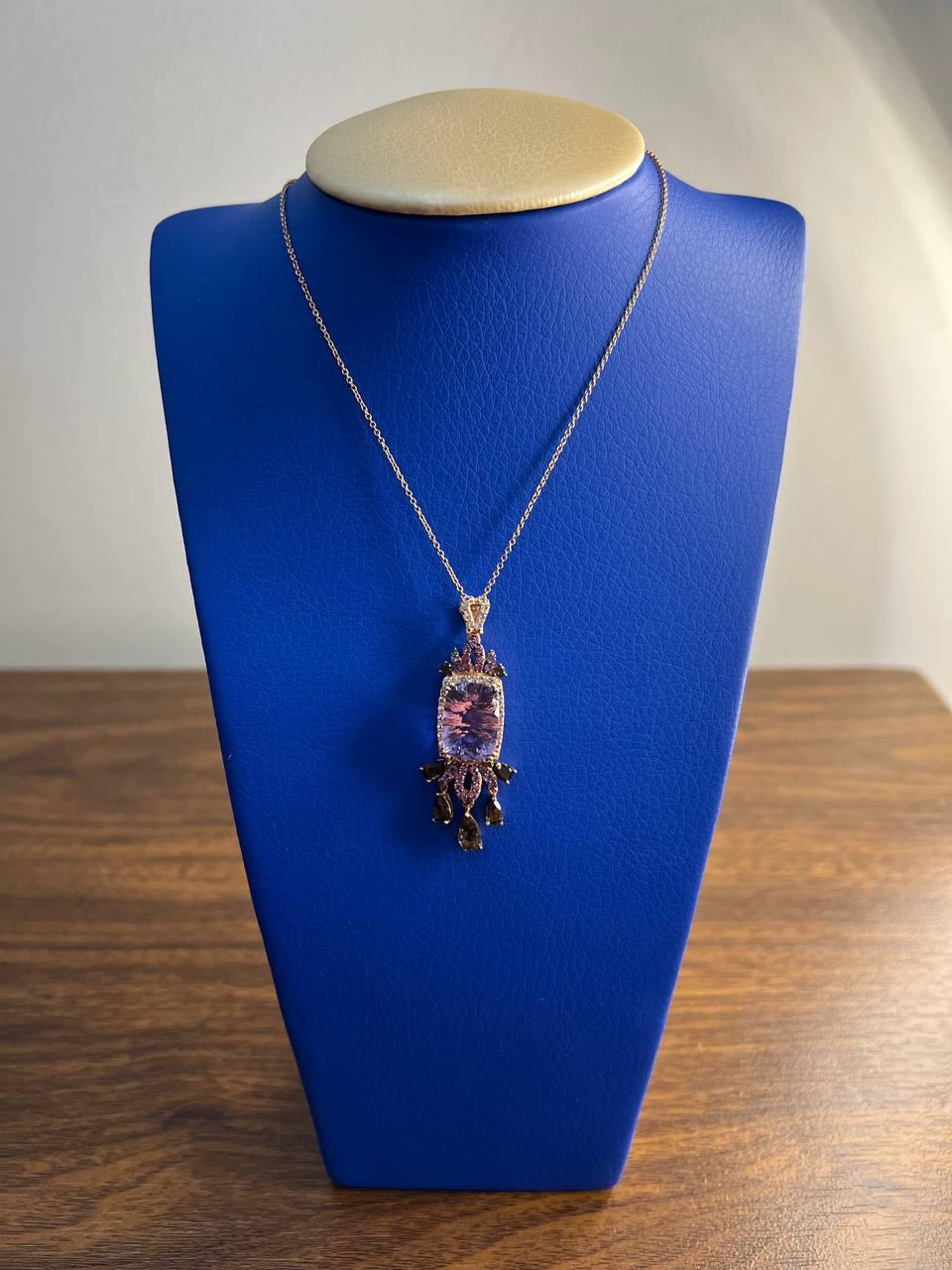 Cushion Purple Amethyst Pink Sapphire Diamonds Halo Rose Gold Pendant Necklace