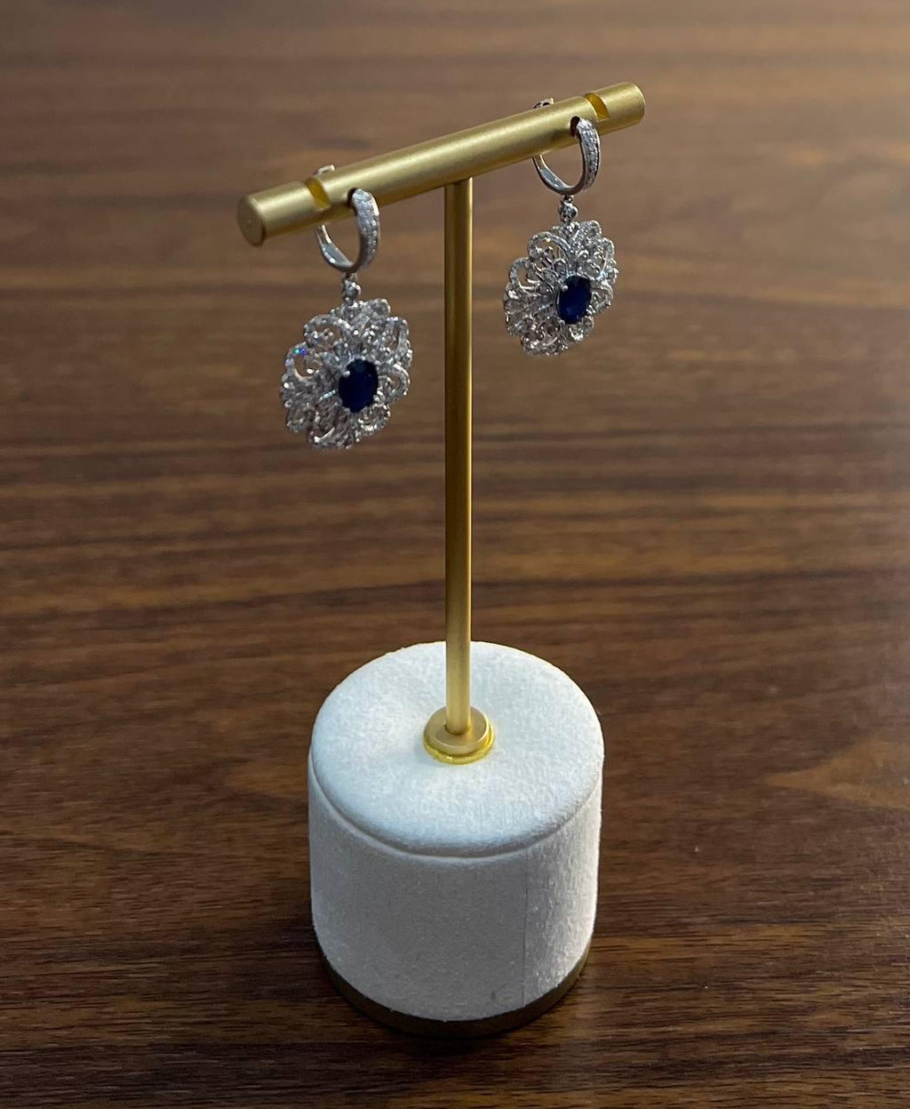 Blue Sapphire White Diamonds Symbol 14K White Gold Statement Scroll Earrings